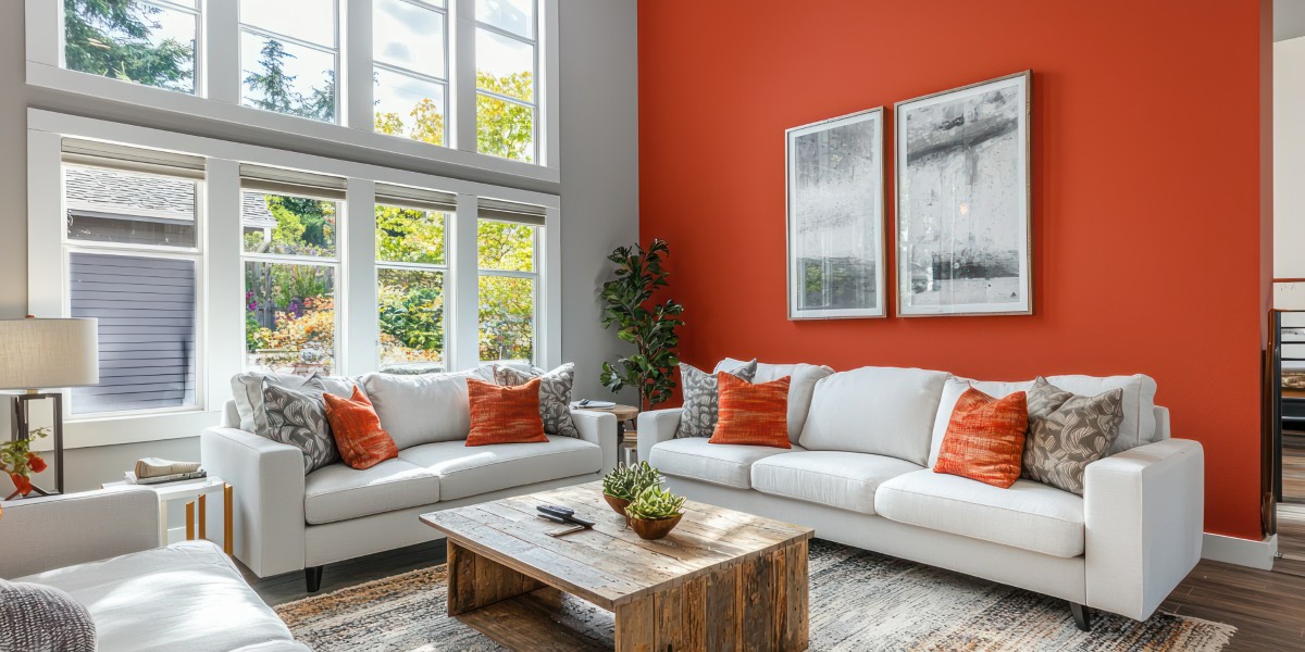 Freshly painted living room interior with a bold accent wall in a modern home